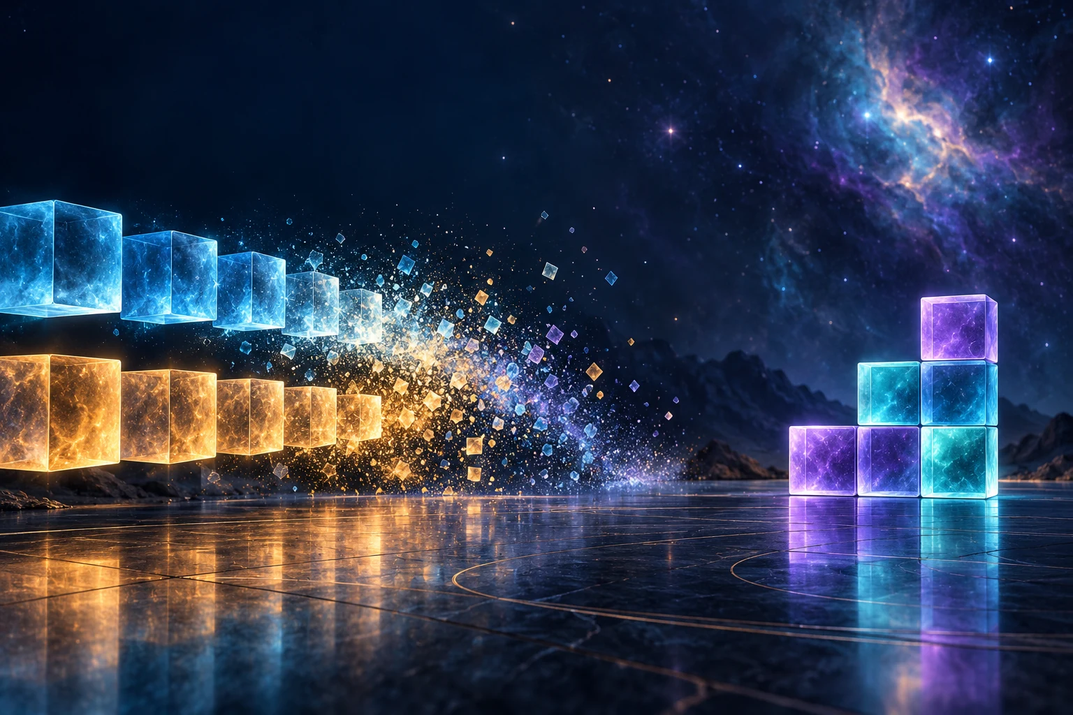Conceptual mathematical artwork: paired cyan and amber glass tiles dissolve into particles, leaving an ordered constellation of luminous tiles.